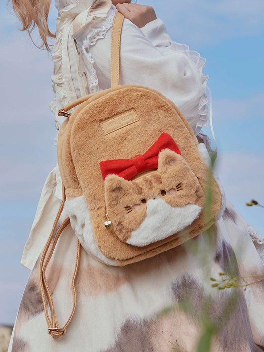 Cat Cute Big Bow Fluffy Plush Backpack Bag