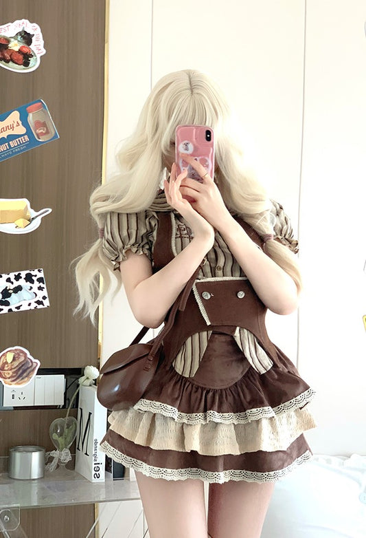 Serendipity Almond Cocoa Brown Beige Striped Shirt Vest Skirt Three Piece Set - Sugarplum Store