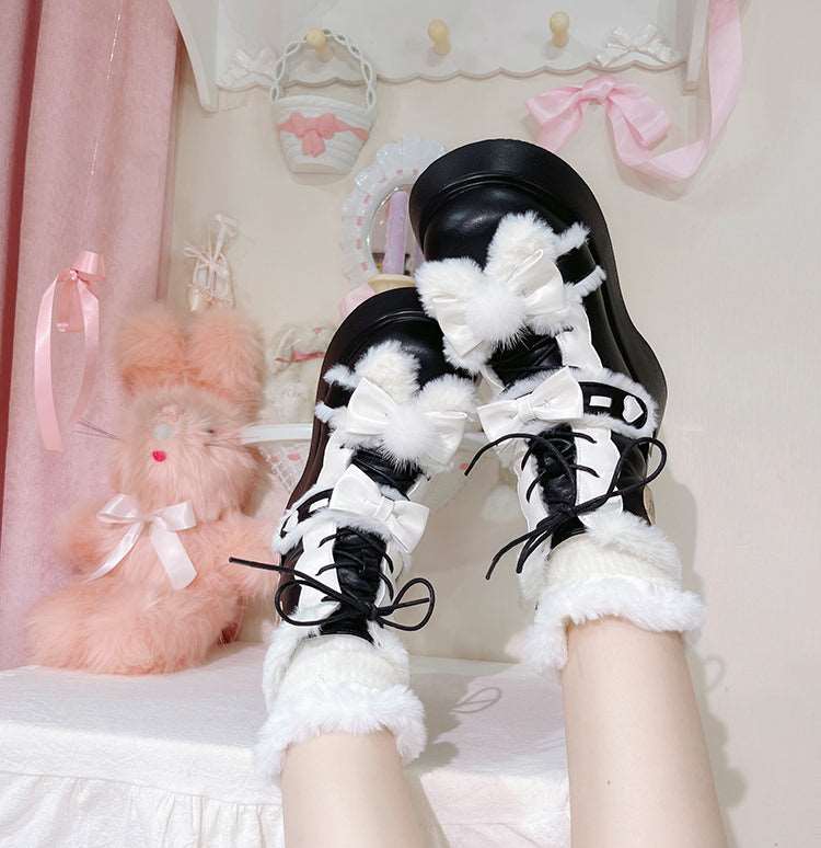 Beauty Bunny Bow Fur Thick Warm Pink Black Brown Lolita Winter Boots Shoes