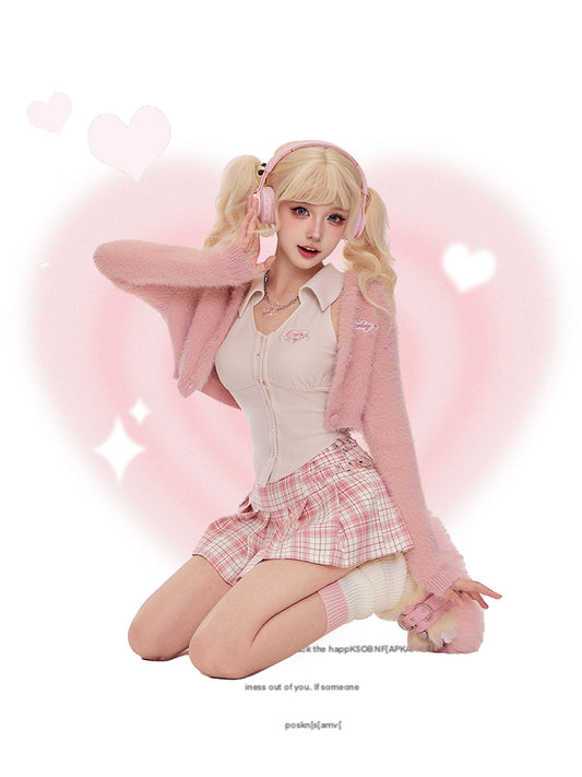 Serendipity Autumn Sweet Pink Plush Cardigan Jacket & White Shirt & Plaid Mini Skirt Three Piece Set - Sugarplum Store