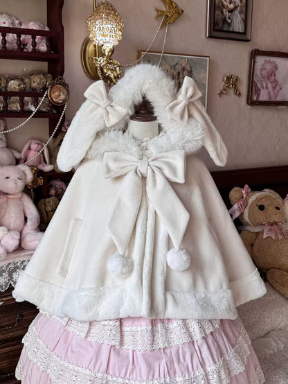 Lolita Kitten Calls Rabbit Ears White Pink Jacket Cape Cloak