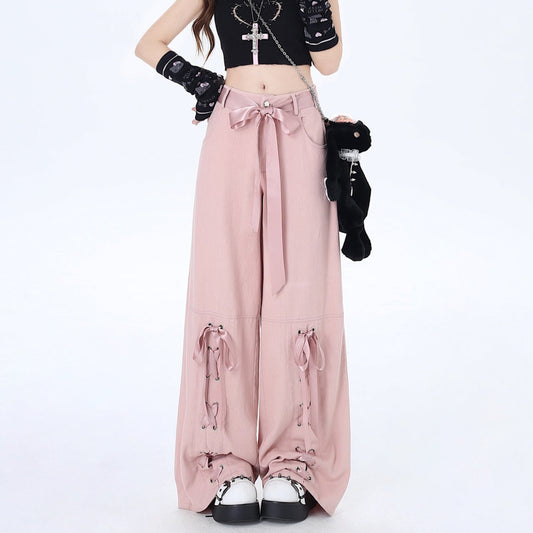 Crazy Girl Pink Mist Balletcore Bow Pink Wide Leg Jeans Pants - Sugarplum Store