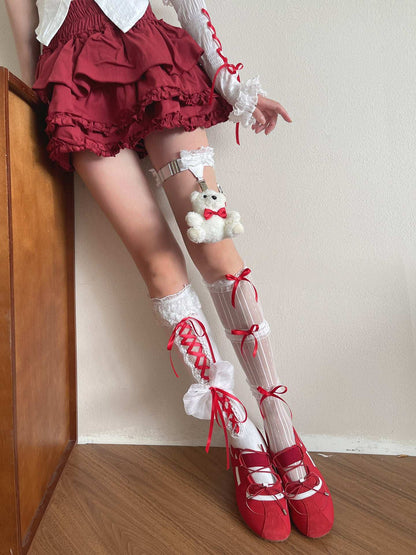 Noble Festival Pink Black Blue Red Lace Socks & Bear Garter