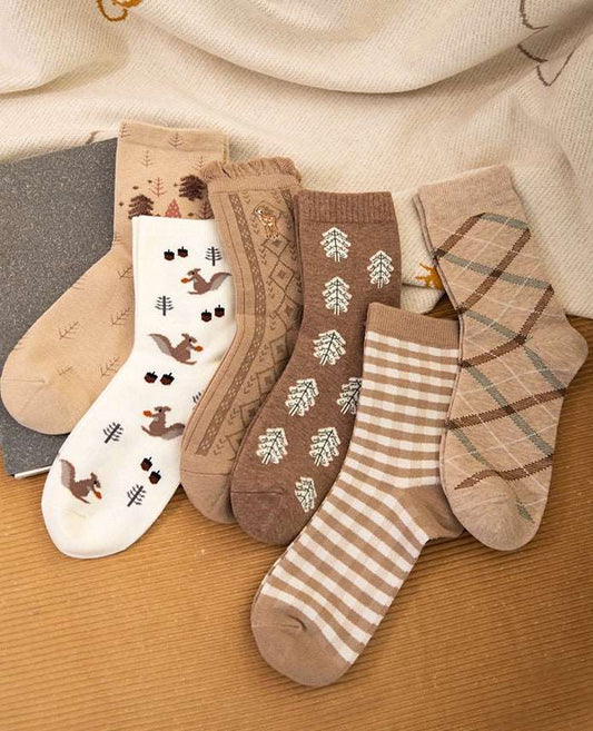 Autumn Cottagecore Squirrel Deer Pine Forest Brown Cotton Socks 6 Patterns Pairs Sets