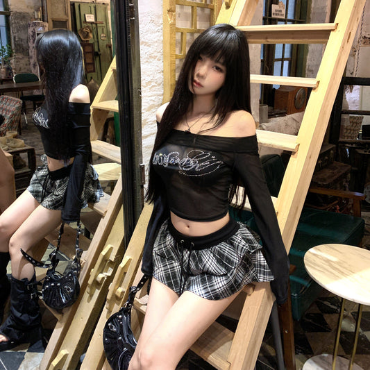 Monet Hot Girl Black Mesh Top & Plaid Skirt Two Piece Set - Sugarplum Store