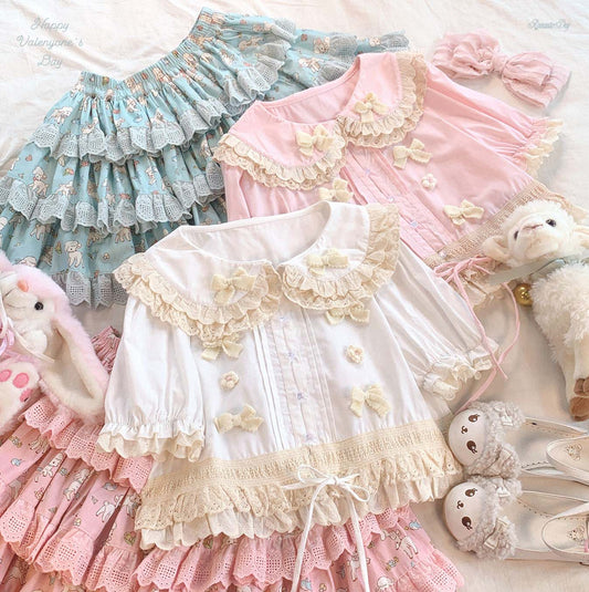 Dormir Doll Lolita Lace Cream White & Pink Cotton Lolita Shirt Blouse - Sugarplum Store