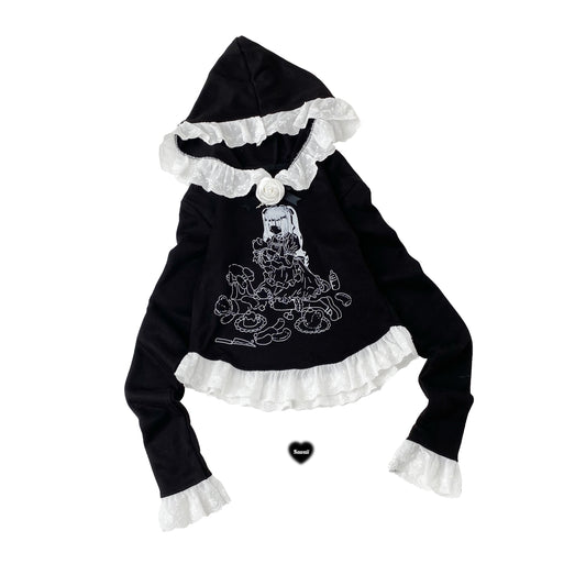 Kitten Bullet Girls Club House Black Lace Hoodie Top - Sugarplum Store