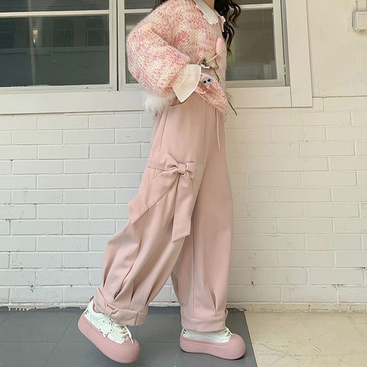 Sweet Fall Autumn Wool Pink White Three Bows Loose Pants - Sugarplum Store