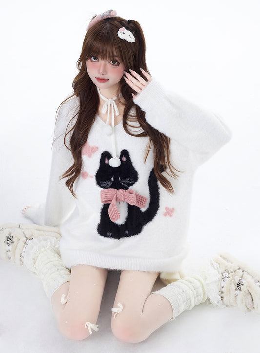 Crazy Girl Lazy Kitten Fuzzy White Red Sweater Top