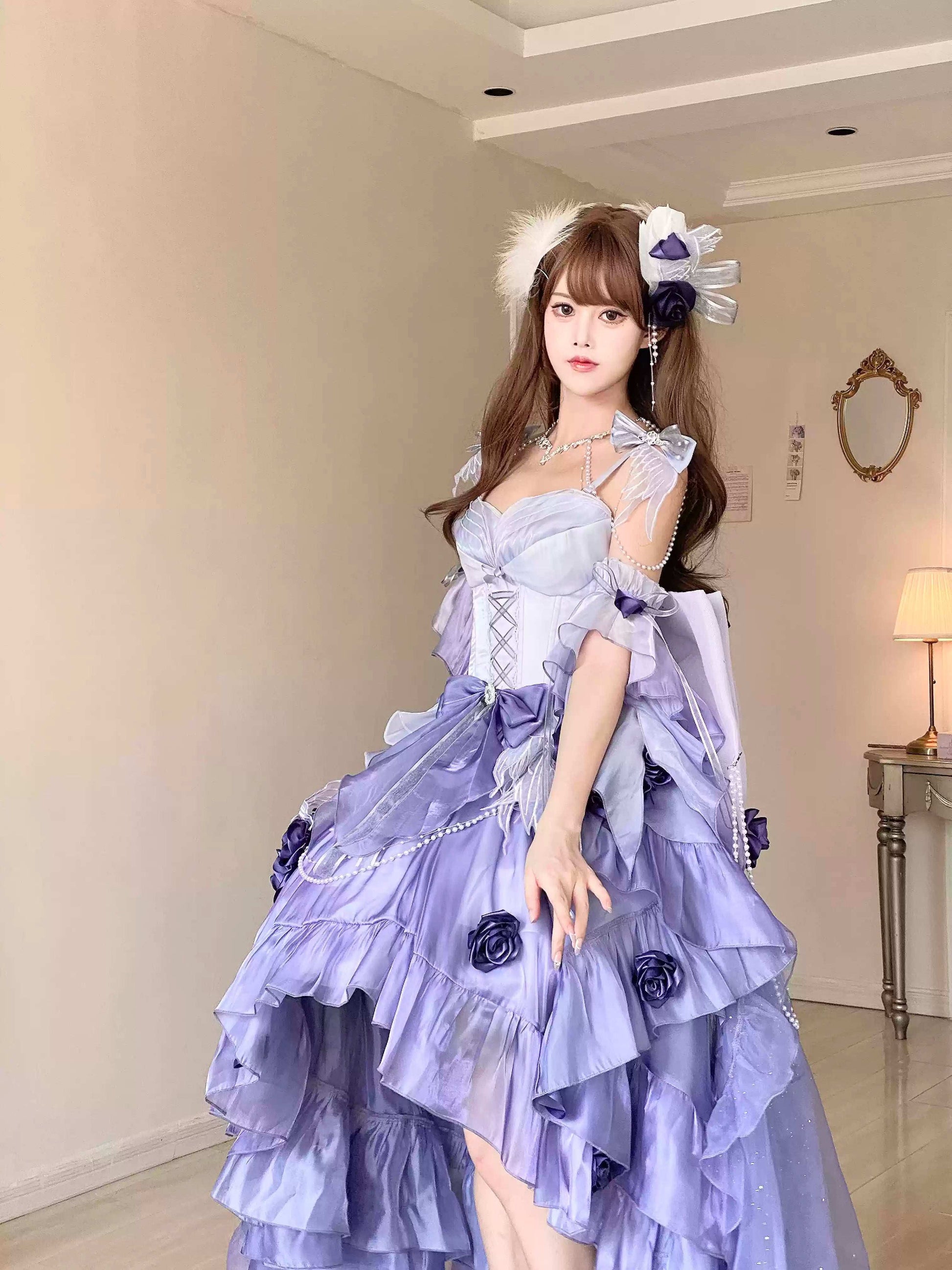 Meow Fruit Swan Fantasy 2.0 Princess Elegant Prom Dress Dress + Rose ACC + Sleeves + Back Bow / Blue / S Meow Fruit Swan Fantasy 2.0 Princess Elegant Prom Dress Dress + Rose ACC + Sleeves + Back Bow / Blue / S