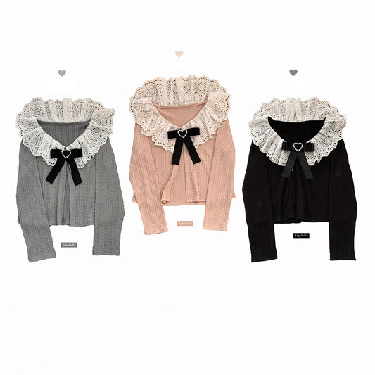 Kitten Bullet Panic Syndrome Lace Collar Pink Black Gray Knit Shirt Cardigan - Sugarplum Store