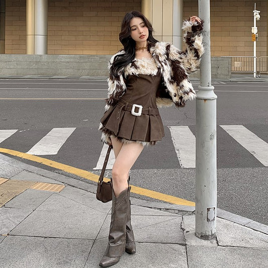 Monet Winter Milky Coffee Dark Brown Strap Dress & Fur Jacket Two Piece Set - Sugarplum Store