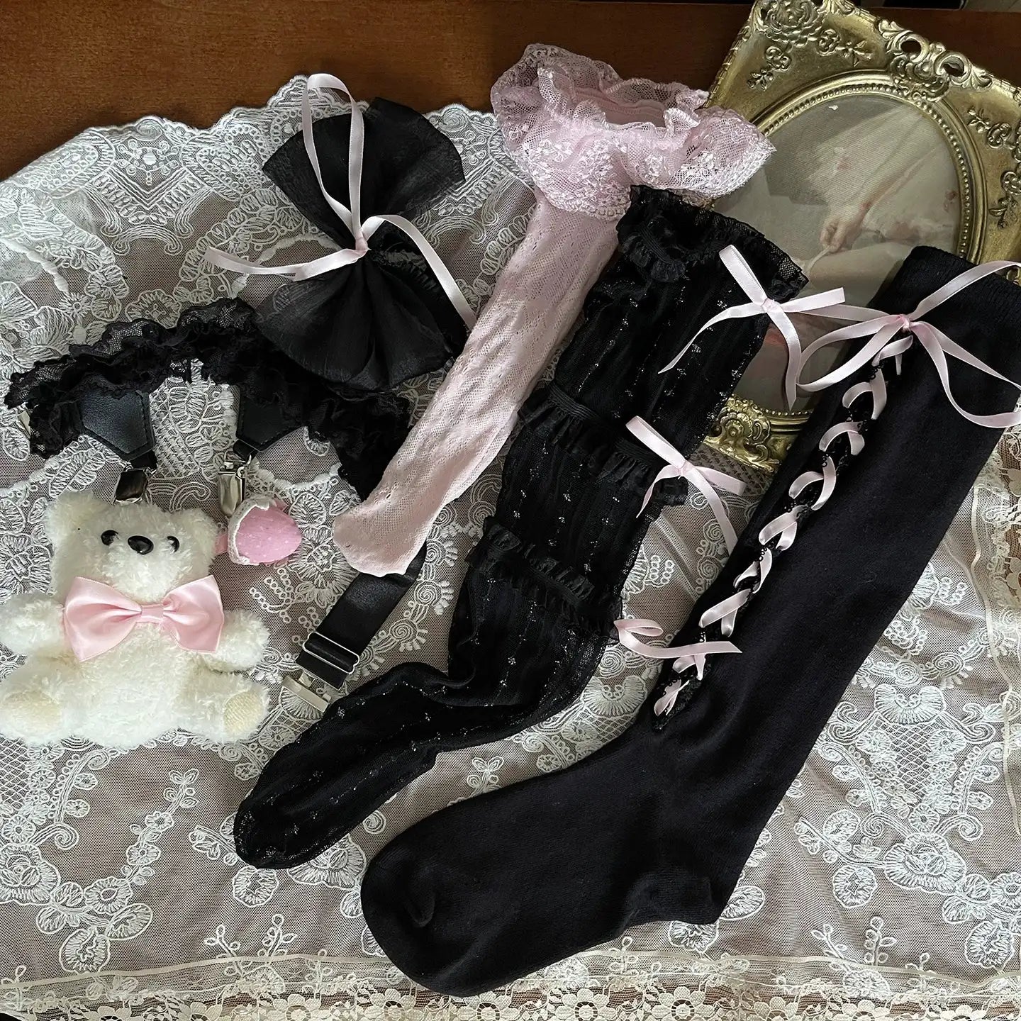 Noble Festival Pink Black Blue Red Lace Socks & Bear Garter