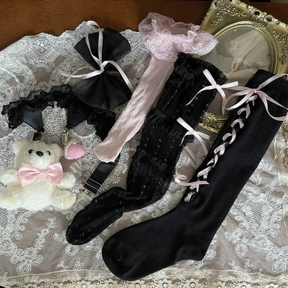Noble Festival Pink Black Blue Red Lace Socks & Bear Garter
