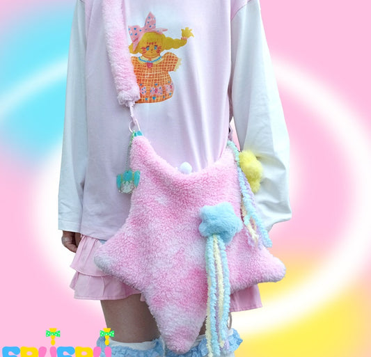Y2K Pink Blue Yellow Star Fluff Plush 3D Messenger Bag