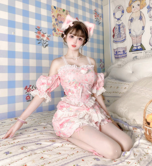 Candy Fairy Pink Melody Cartoon Camisole Puff Sleeve Top & Skirt Pajamas Two Piece Set