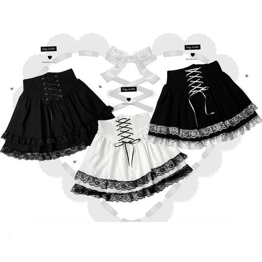 Kitten Bullet Jirai Kei Secret World Ruffle Black White Skirt - Sugarplum Store
