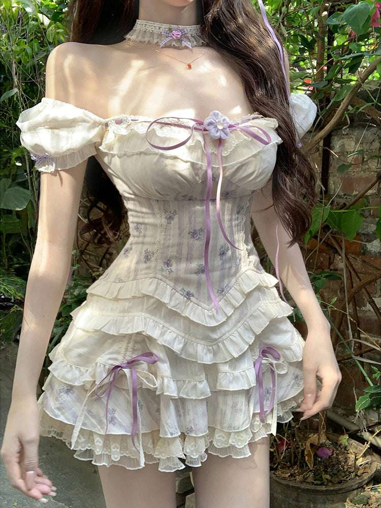 Creamy Cute Purple Puree Cream Top & Skirt Two Piece Set