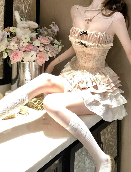 Lazy Girl Antique Angel Lace Pink Top & White Skirt Two Piece Set - Sugarplum Store