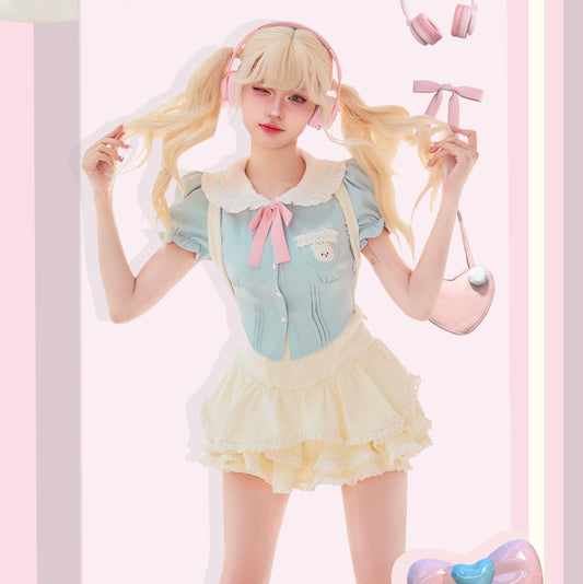 Serendipity Coquette White Doll Collar Bear Blue Puff Sleeve Shirt & White Ruffled Suspender Mini Skirt Two Piece Set - Sugarplum Store