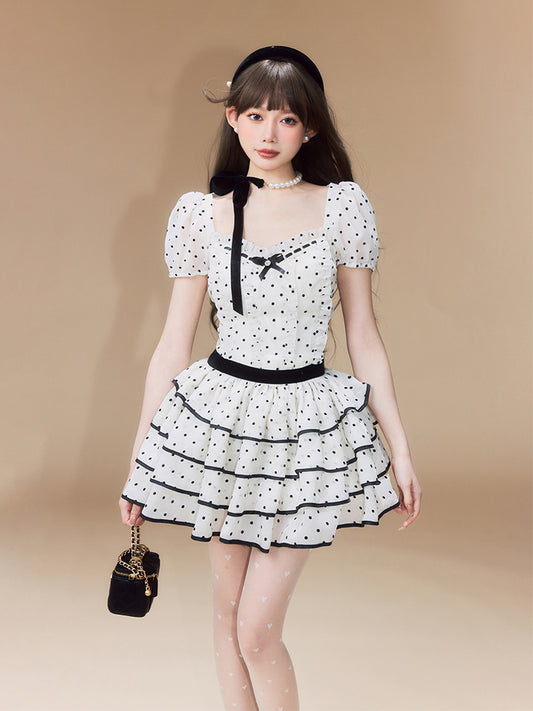 Monet Polka Dot Black White Puff Sleeve Dress