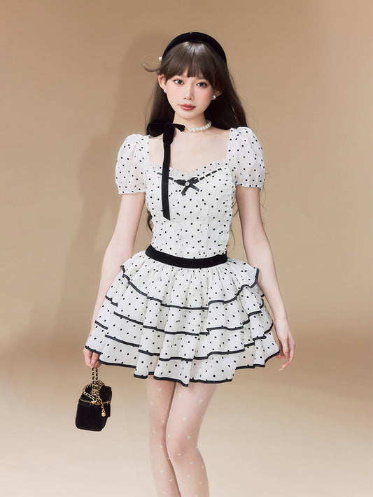 Monet Polka Dot Black White Puff Sleeve Dress - Sugarplum Store