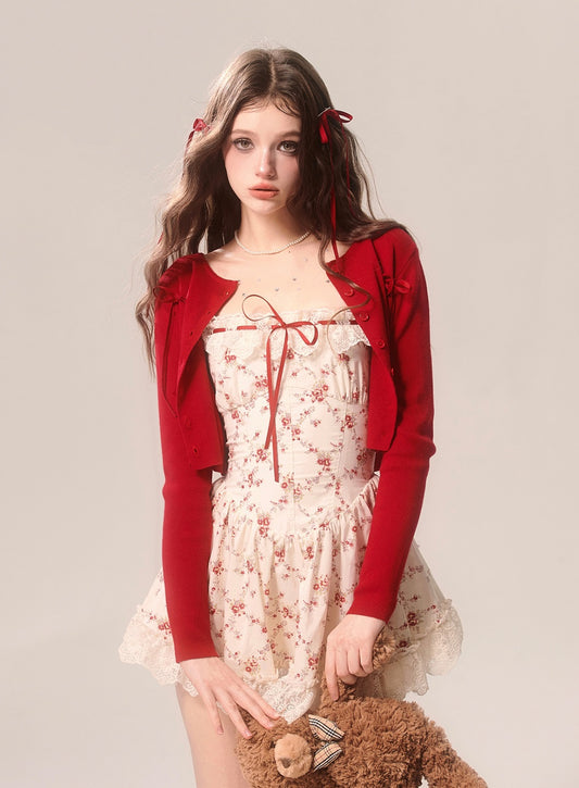 Young Eyes Summer Rose Floral Cream Dress & Red Cardigan Two Piece Set - Sugarplum Store