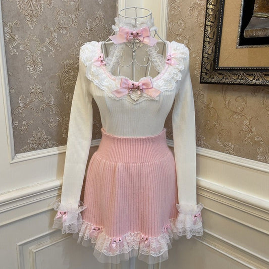 Sweetheart Princess Fantasy Flower White Halter Neck Knit Sweater Top & Pink Skirt Two Piece Set