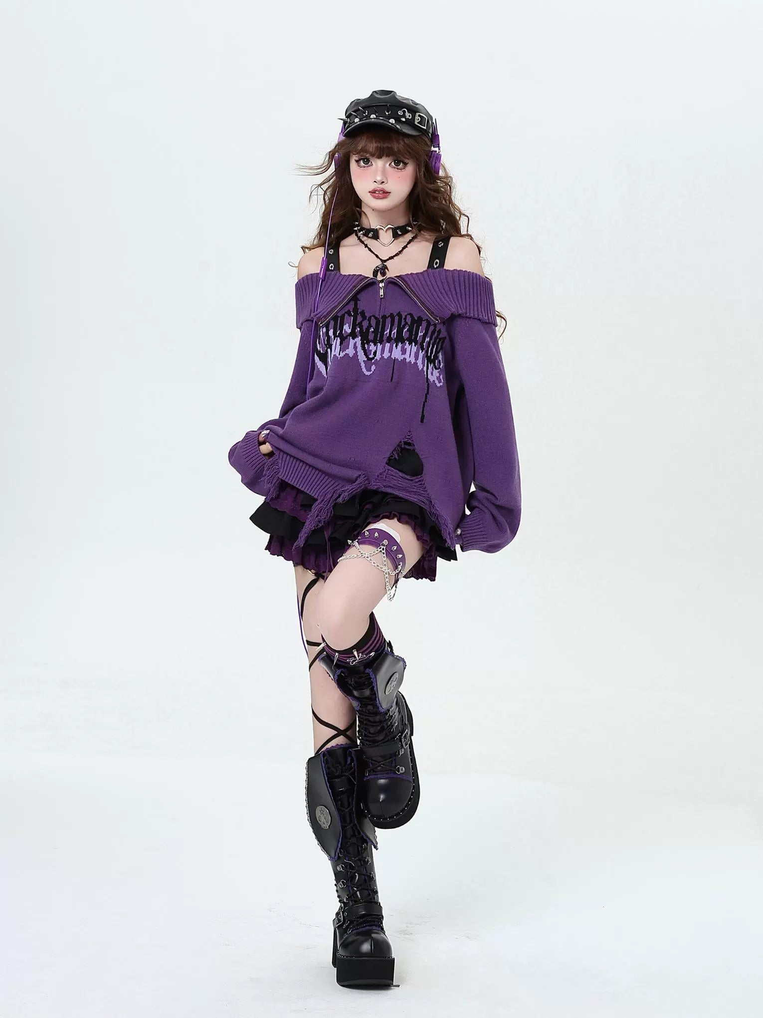 Crazy Girl Gothic Fragments Purple Black Pink Red Off Shoulder Sweater – Sugarplum Store