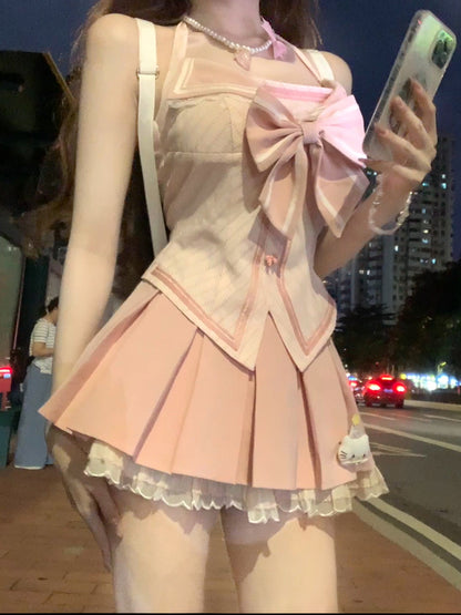 Creamy Cute Kitty School Days Pink Sailor Top & Skirt Two Piece Set - Sugarplum Store