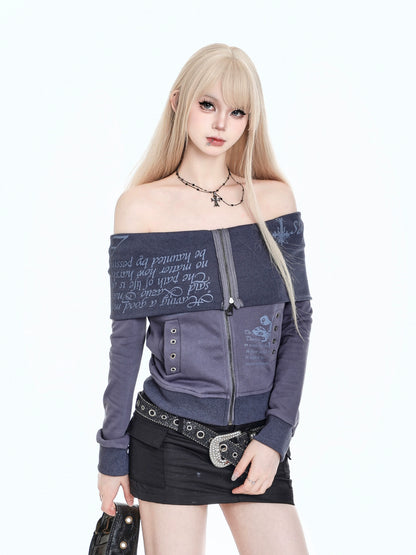 Woman wearing a dark blue off-shoulder jacket with text design on a white background