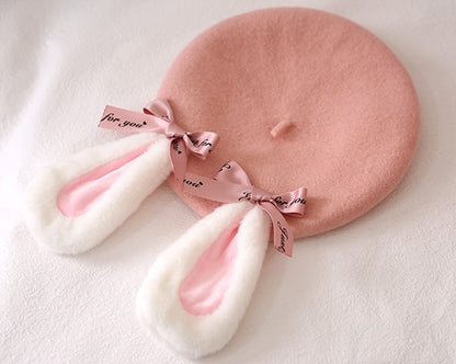 Winter Lolita Pink & Brown Lop Rabbit Ears Cute Handmade Beret Hats