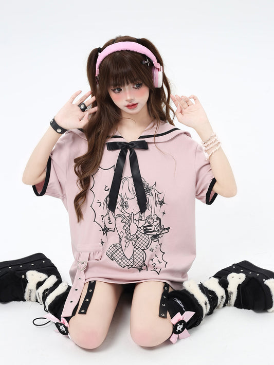Crazy Girl Soft Girl Rule Sailor Collar Pink Black Sweatshirt - Sugarplum Store