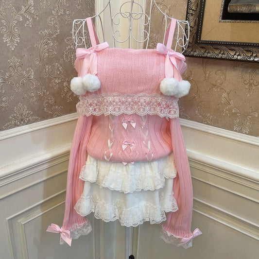 Sweetheart Princess Pompom Balls Pink Off Shoulder Sweater & White Ruffled Skirt Two Piece Set