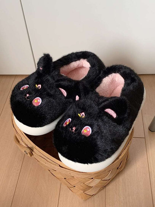 Anime Magical Girl Cute Black White Cat Luna Moon Winter Thick Plush Slippers Shoes