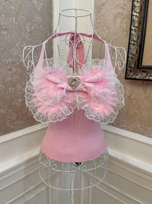 Sweetheart Princess Big Bow Pink Lace Camisole Top - Sugarplum Store