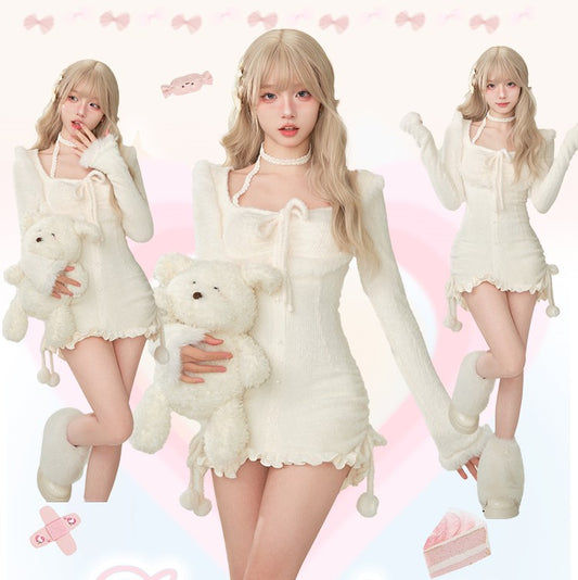 Serendipity Winter Icy Angel Plush White Bodycon Long Sleeve Dress - Sugarplum Store