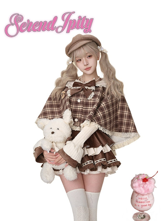 Serendipity Bear Mousse Brown Plaid Cape & Cream Top & Suspender Skirt Three Piece Set - Sugarplum Store