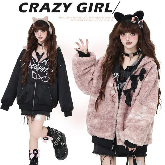 Crazy Girl Black Pink Leopard Reversible Jacket Hoodie - Sugarplum Store