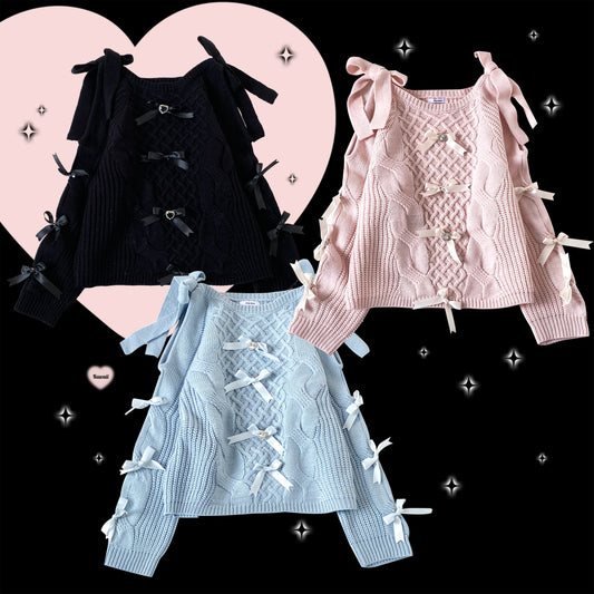 Kitten Bullet Gem Ribbon Bow Pink Blue Black Sweater - Sugarplum Store