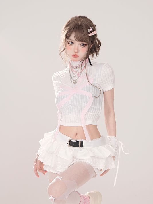Young Eyes Coquette Bow White Black Turtleneck Short Sleeve Shirt Top - Sugarplum Store