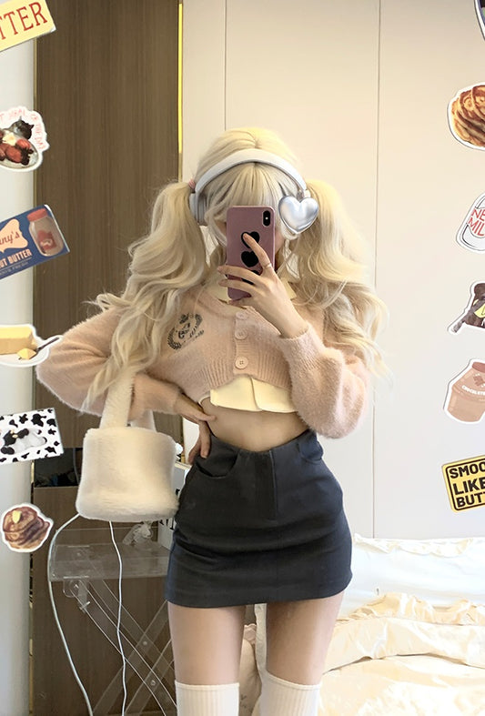 Serendipity School Girl Fuzzy Pink Cardigan & White Vest Top & Gray Skirt Three Piece Set - Sugarplum Store