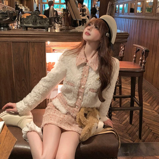 Lazy Girl Winter Elegant Lady Chic Plush White Jacket & Pink Tweed Skirt Two Piece Set - Sugarplum Store