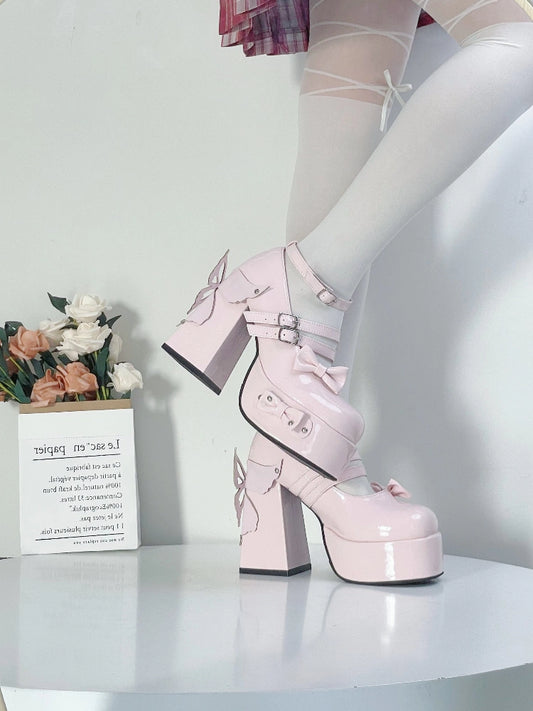 Moe Heart Butterfly Bow Buckle Strap Black White Pink Hot Pink Lolita Platform High Heels Shoes