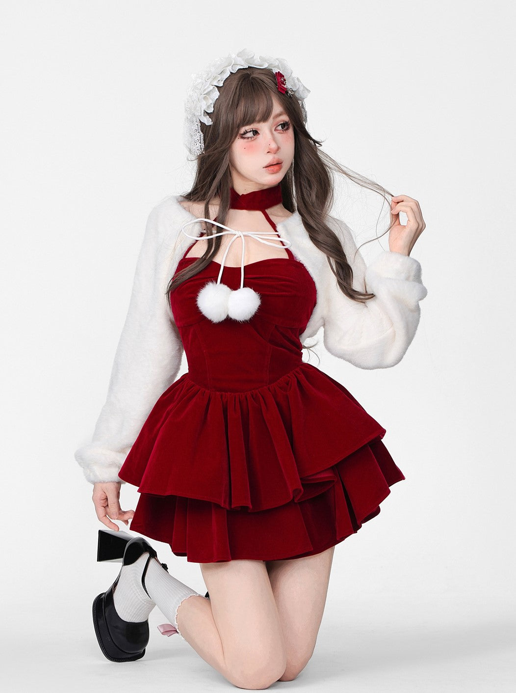 Young Eyes Winter Elf Princess Red Velvet Halter Neck Dress & Little White Jacket Two Piece Set Young Eyes Winter Elf Princess Red Velvet Halter Neck Dress & Little White Jacket Two Piece Set