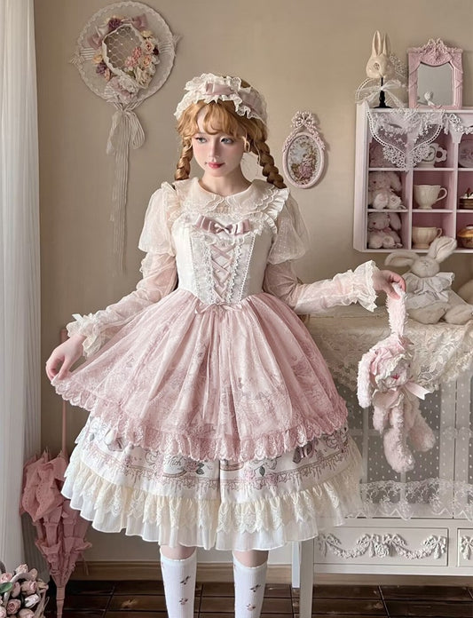 Rose Garden Lace Elegant Original Lolita EGL Pink & Black Strap Dress - Sugarplum Store