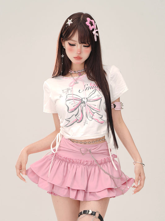 Young Eyes Smiley Bow Pink White Shirt Top - Sugarplum Store