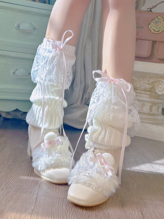 Rabbit Ears Plush Pearl Knit Coquette Winter Heels Boots & Lace Balletcore Leg Warmers
