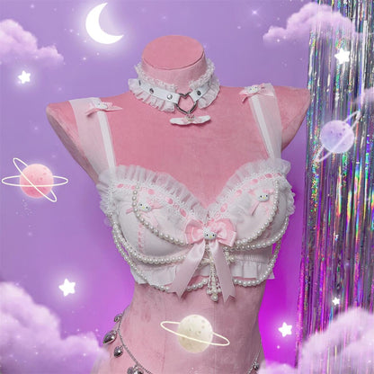 Coquette Sexy Y2K Bow Kitty Lace Pearl Pink Cream Bra Lingerie Sugarplum Store Coquette Sexy Y2K Bow Kitty Lace Pearl Pink Cream Bra Lingerie Sugarplum Store