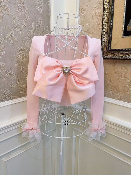 Sweetheart Princess Halter Neck Bow Pink White Black Knit Sweater Top - Sugarplum Store